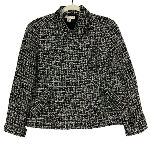 Coldwater Creek Mohair Wool Blend Moto Tweed Jacket, Black & Gray, Petite 16 - Picture 1 of 11